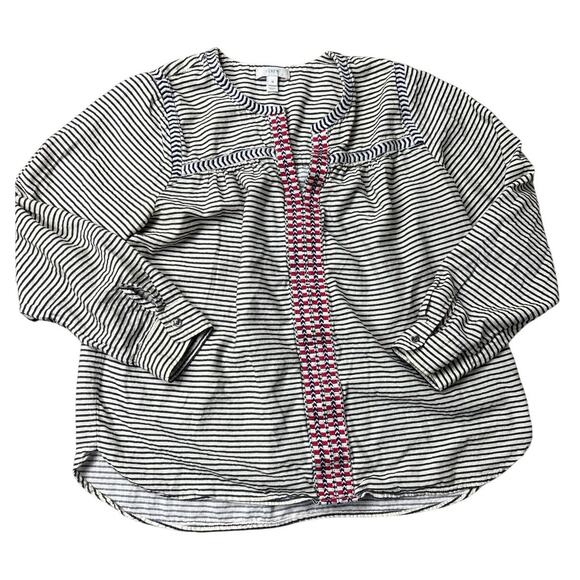 J.Crew Striped Boho Peasant Blouse Size 10 Navy Embroidered Front Cotton - Picture 1 of 8